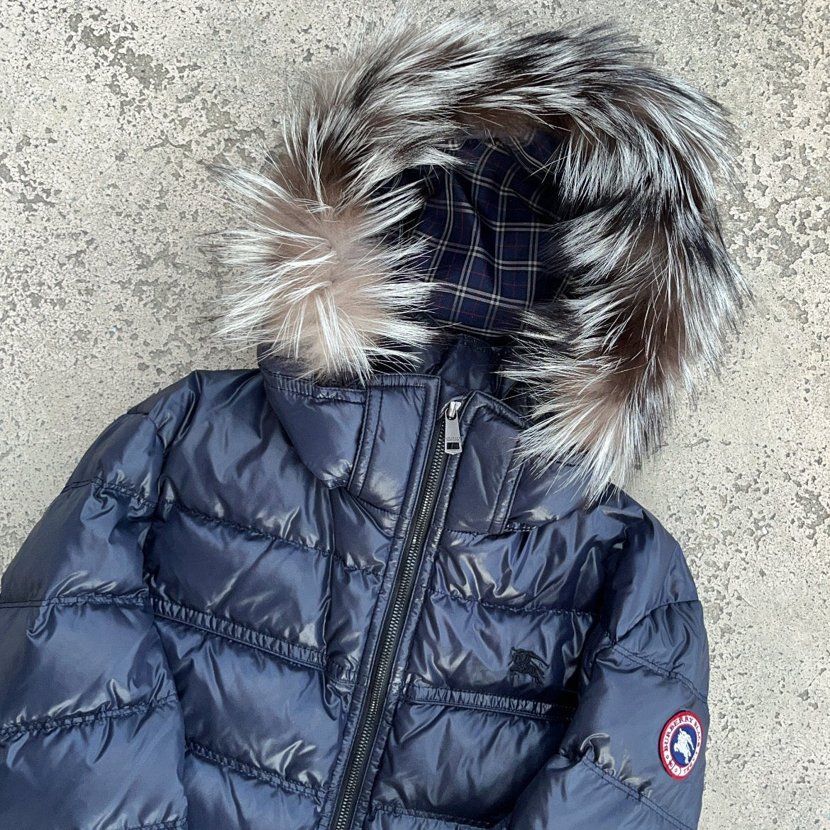 Burberry Black Label Glossy Navy Blue Jacket - M - Real Silver Fox Fur