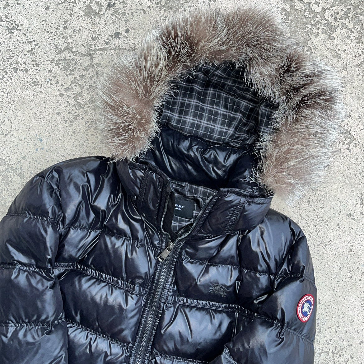 Burberry Black Label Glossy Black Jacket - LL - Silver Fox Fur