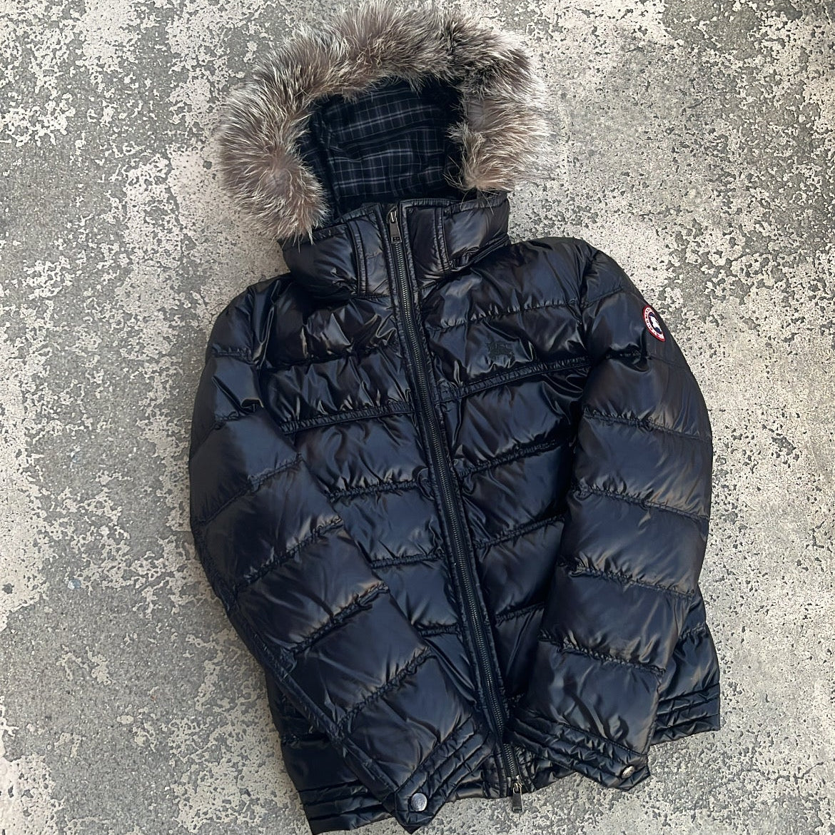 Burberry Black Label Glossy Black Jacket - LL - Real Silver Fox Fur