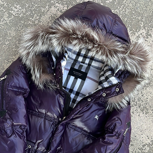 Burberry Black Label Glossy Purple Jacket - L - Real Silver Fox Fur