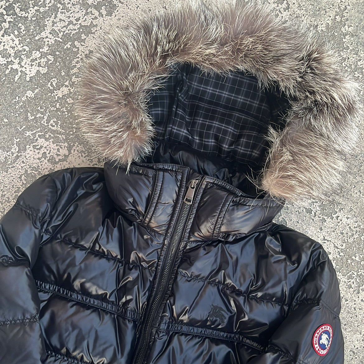 Burberry Black Label Glossy Black Jacket - LL - Real Silver Fox Fur