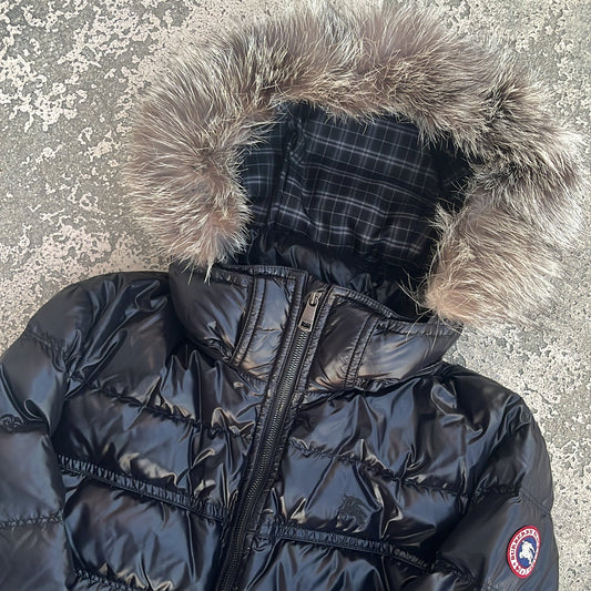 Burberry Black Label Glossy Black Jacket - LL - Real Silver Fox Fur