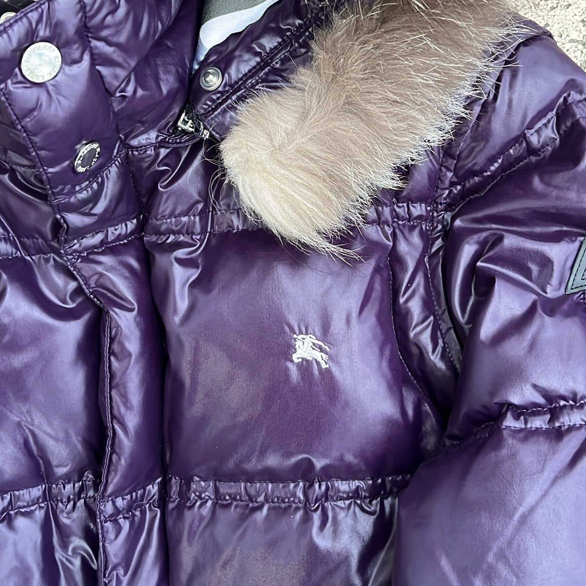 Burberry Black Label Glossy Purple Jacket - L - Real Silver Fox Fur