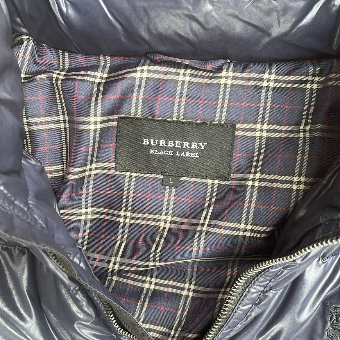 Burberry Black Label Glossy Navy Blue Jacket - L - Real Silver Fox Fur