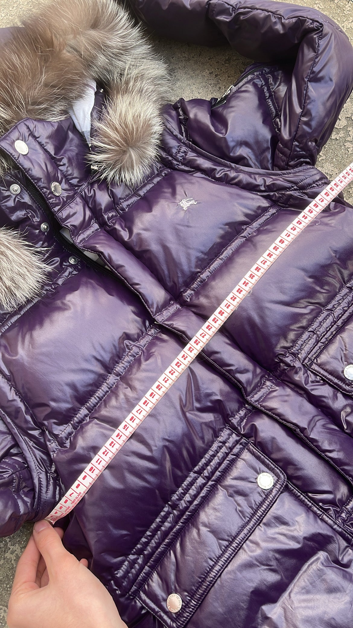 Burberry Black Label Glossy Purple Jacket - M - Real Silver Fox Fur