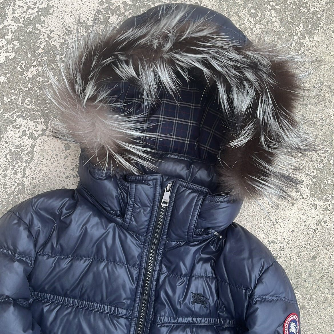 Burberry Black Label Glossy Navy Blue Jacket - M - Real Silver Fox Fur