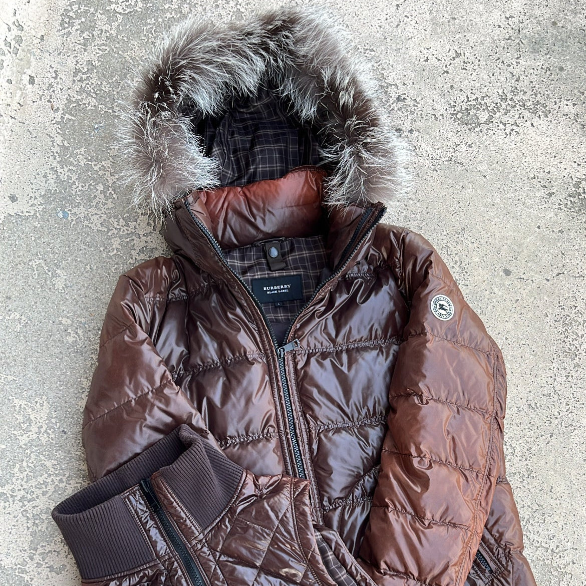 Burberry Black Label Glossy Brown Jacket - L - Silver Fox Fur