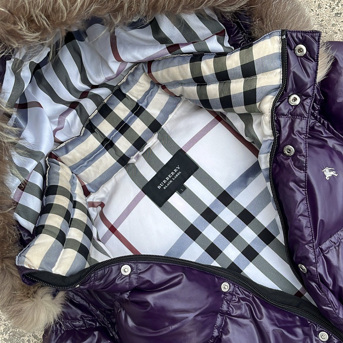 Burberry Black Label Glossy Purple Jacket - L - Real Silver Fox Fur