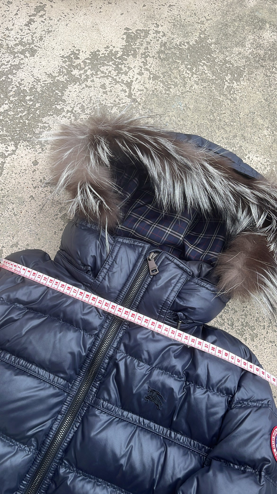 Burberry Black Label Glossy Navy Blue Jacket - M - Real Silver Fox Fur