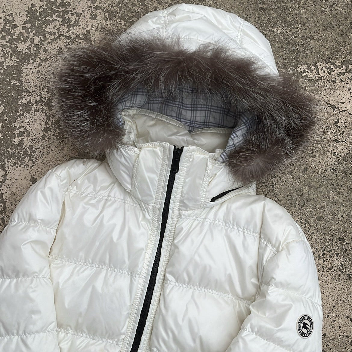 Burberry Black Label Glossy White Jacket - M - Real Silver Fox Fur