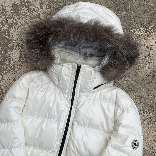 Burberry Black Label Glossy White Jacket - M - Real Silver Fox Fur