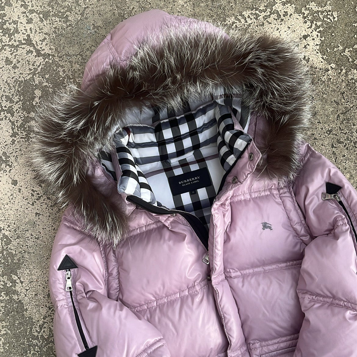 Burberry Black Label Glossy Pink Jacket - M - Real Silver Fox Fur