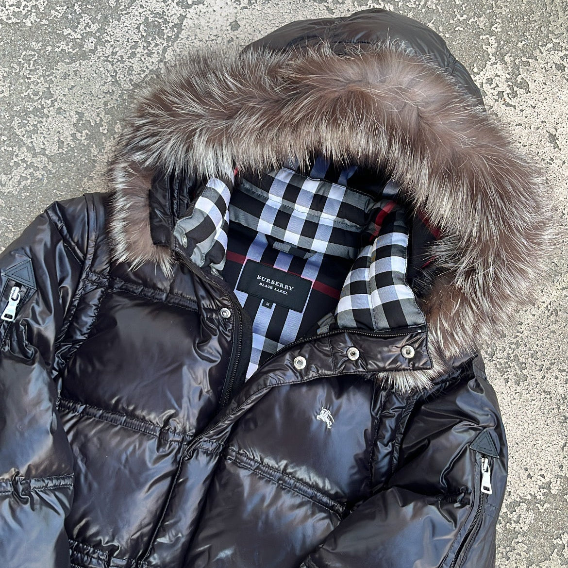Burberry Black Label Glossy Black Jacket - M - Real Silver Fox Fur