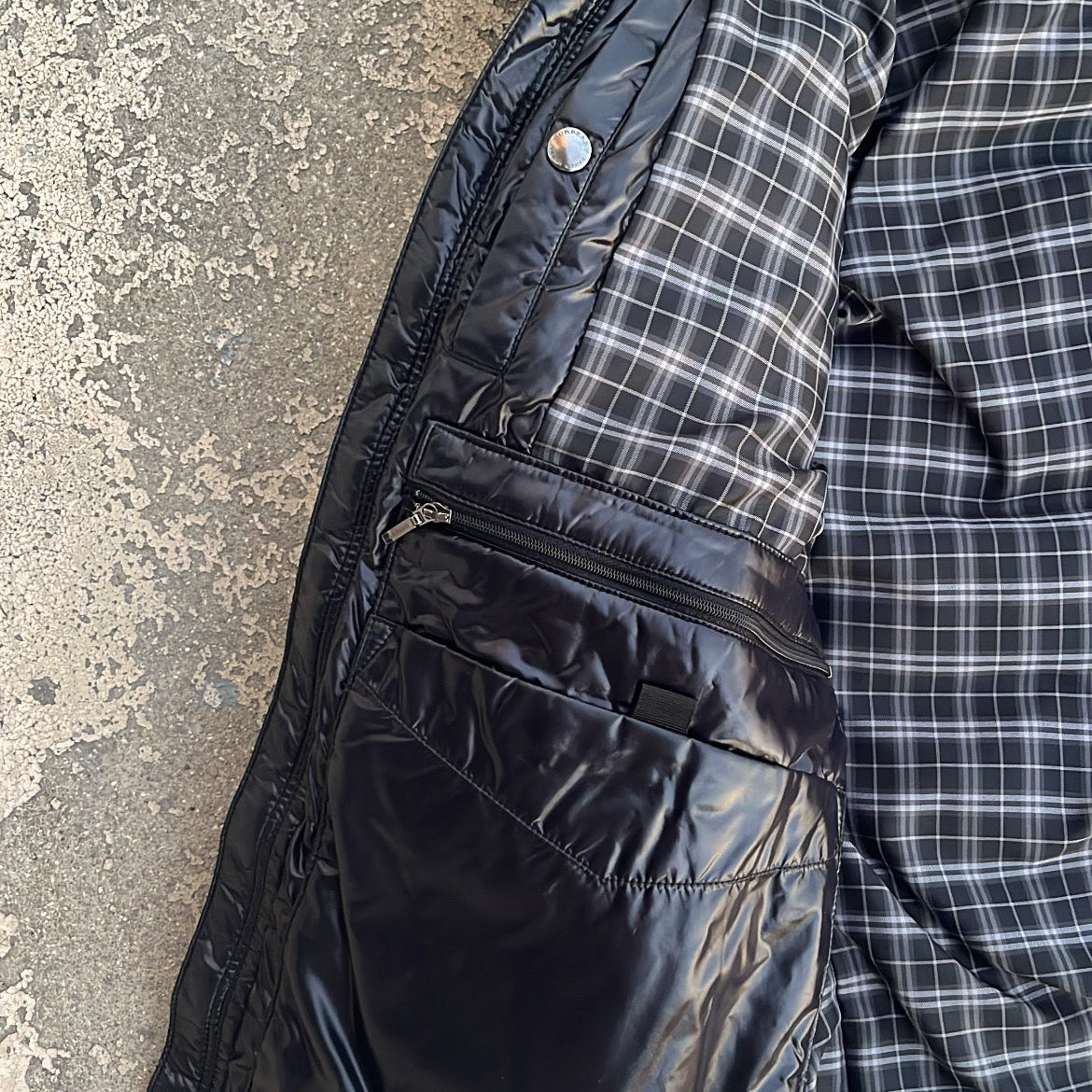 Burberry Black Label Glossy Black Jacket - LL - Real Silver Fox Fur