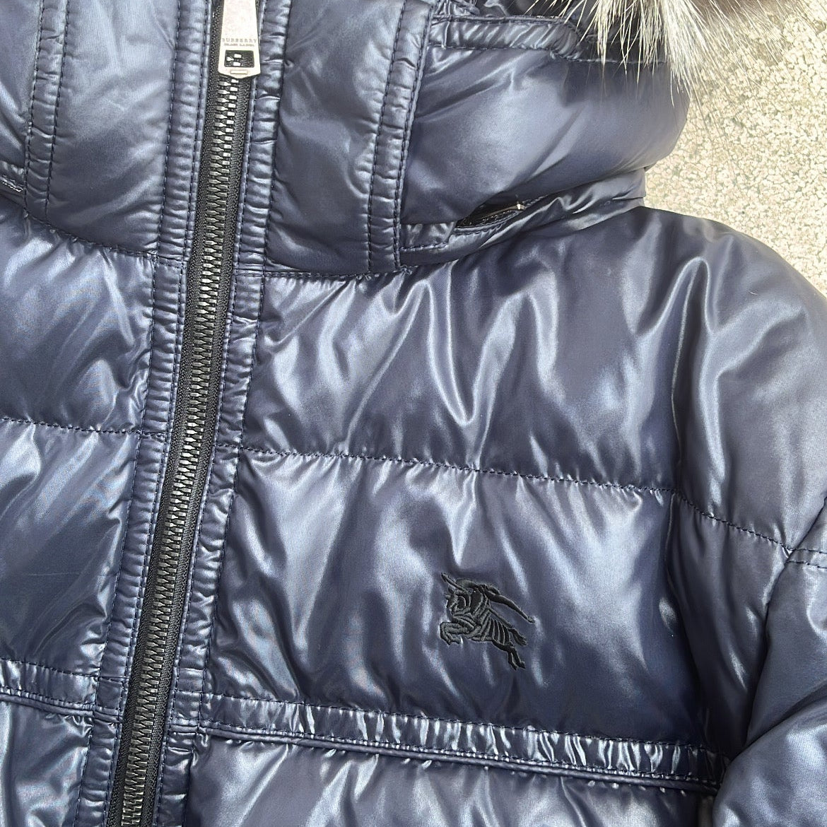 Burberry Black Label Glossy Navy Blue Jacket - L - Real Silver Fox Fur