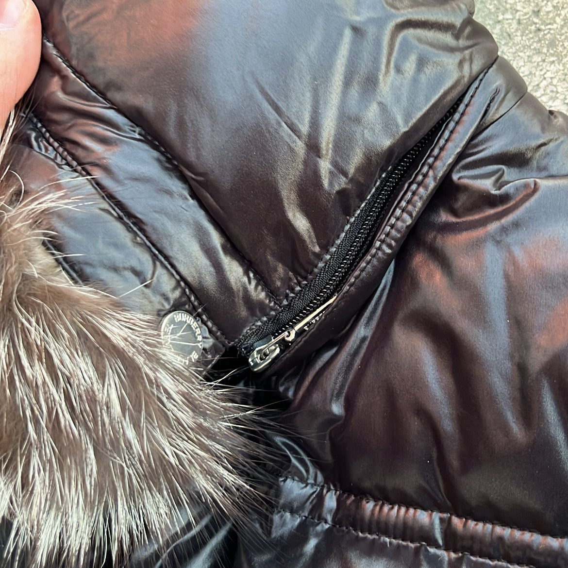 Burberry Black Label Glossy Black Jacket - M - Real Silver Fox Fur