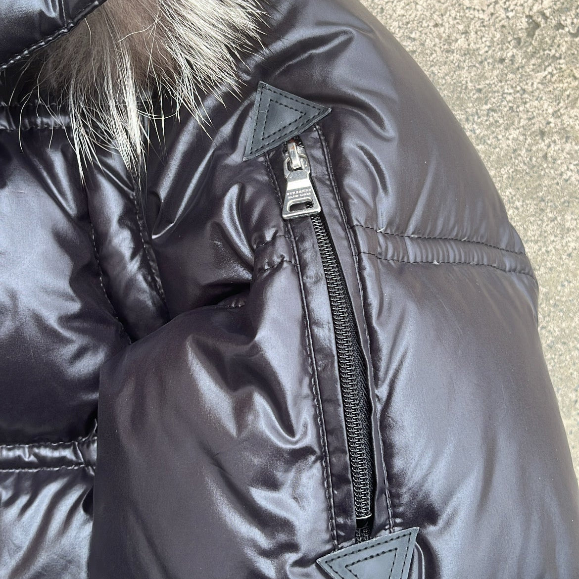 Burberry Black Label Glossy Black Jacket - M - Real Silver Fox Fur