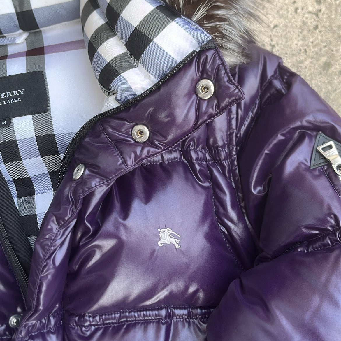 Burberry Black Label Glossy Purple Jacket - M - Real Silver Fox Fur