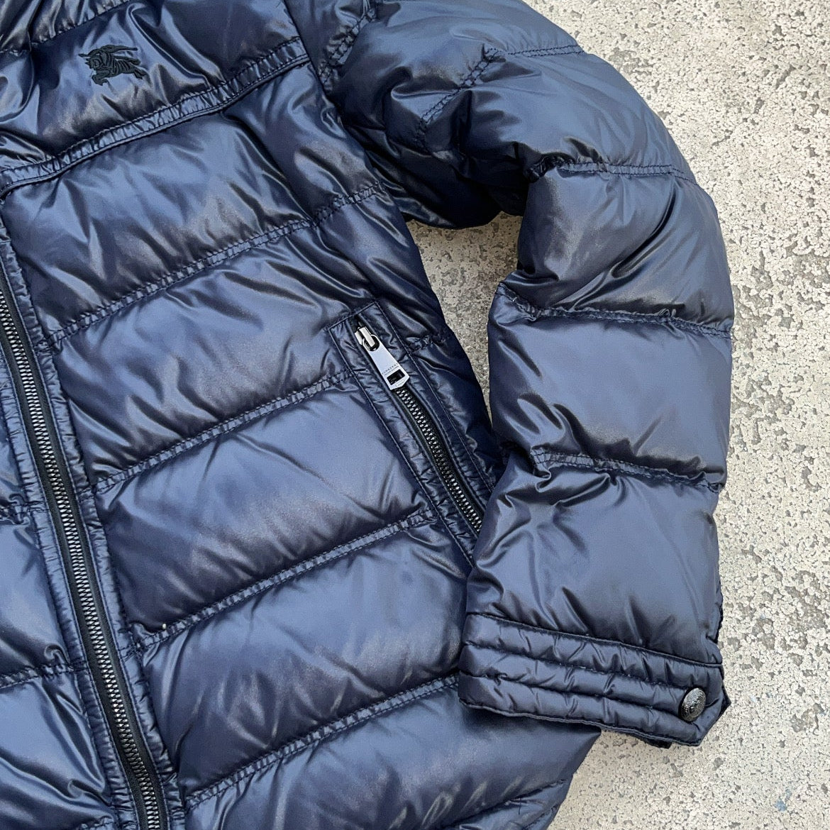 Burberry Black Label Glossy Navy Blue Jacket - M - Silver Fox Fur