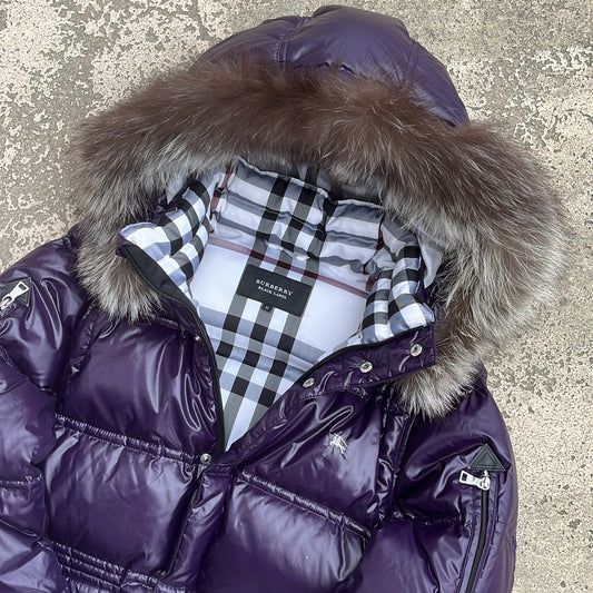 Burberry Black Label Glossy Purple Jacket - M - Real Silver Fox Fur