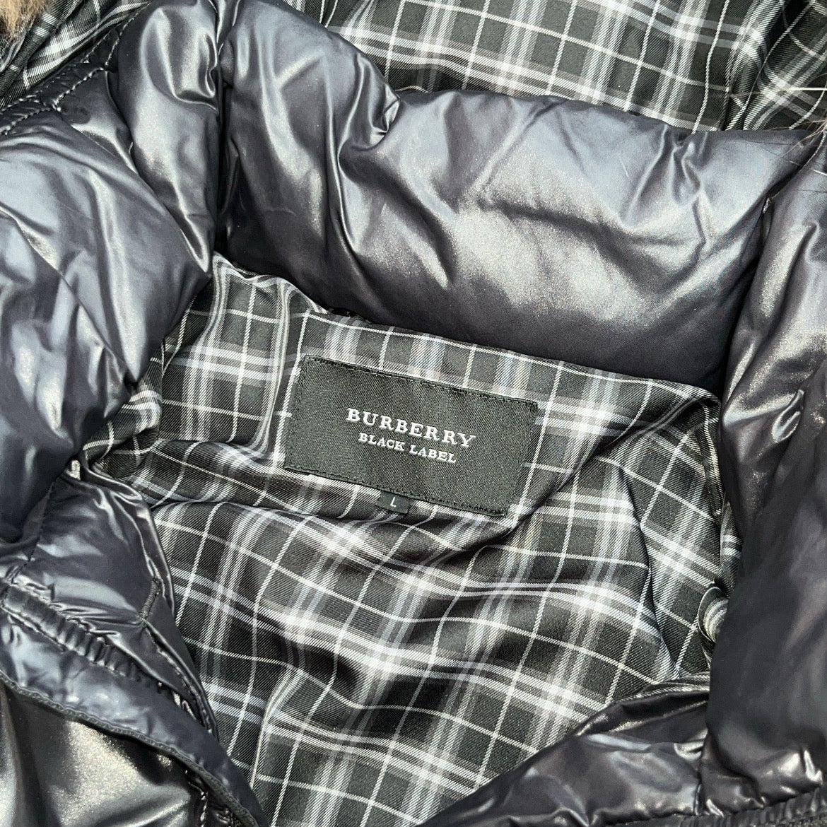 Burberry Black Label Glossy Black Jacket - L - Silver Fox Fur