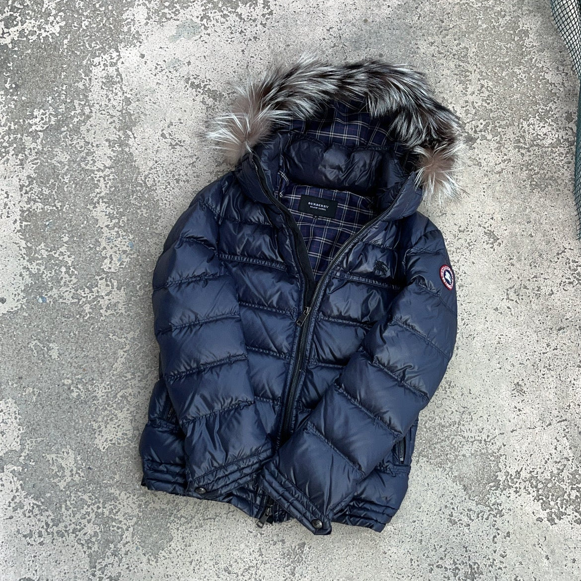 Burberry Black Label Glossy Navy Blue Jacket - M - Silver Fox Fur