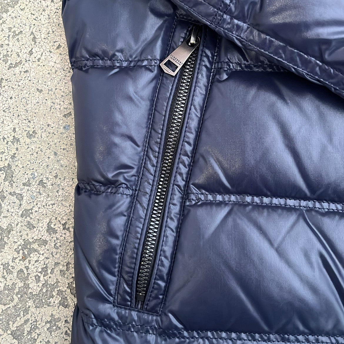 Burberry Black Label Glossy Navy Blue Jacket - M - Real Silver Fox Fur