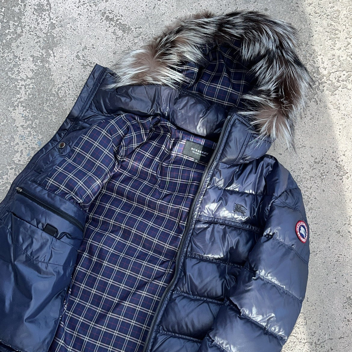 Burberry Black Label Glossy Navy Blue Jacket - M - Silver Fox Fur