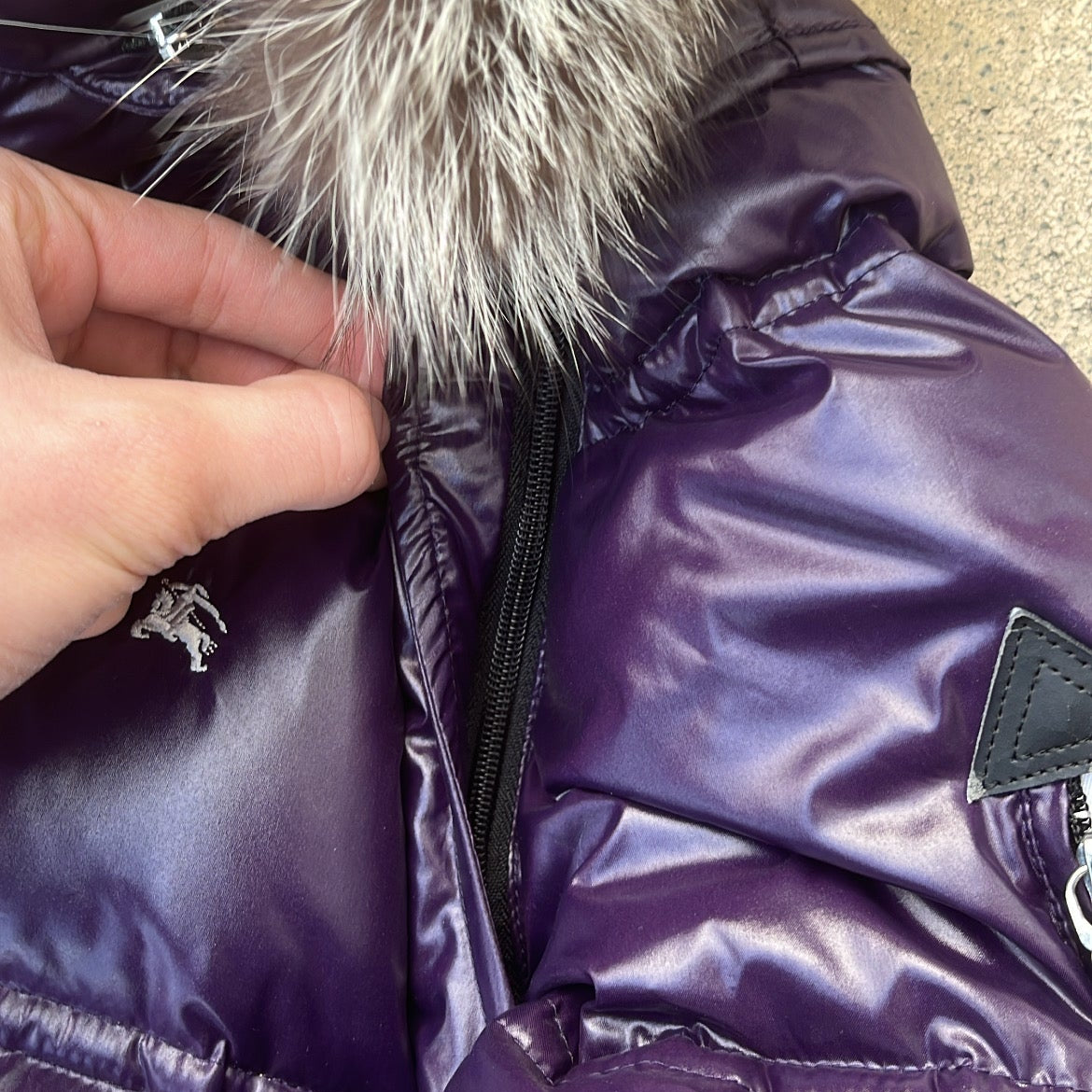 Burberry Black Label Glossy Purple Jacket - M - Real Silver Fox Fur