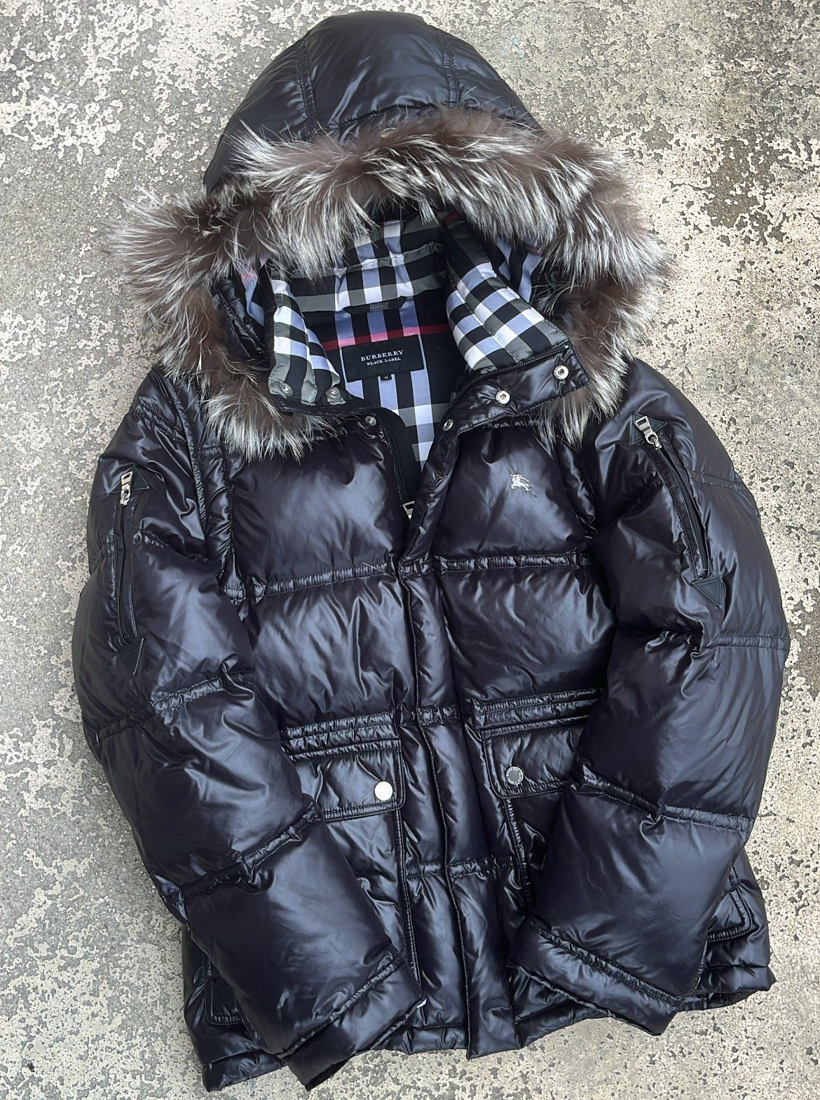 Burberry Black Label Glossy Black Jacket - M - Real Silver Fox Fur