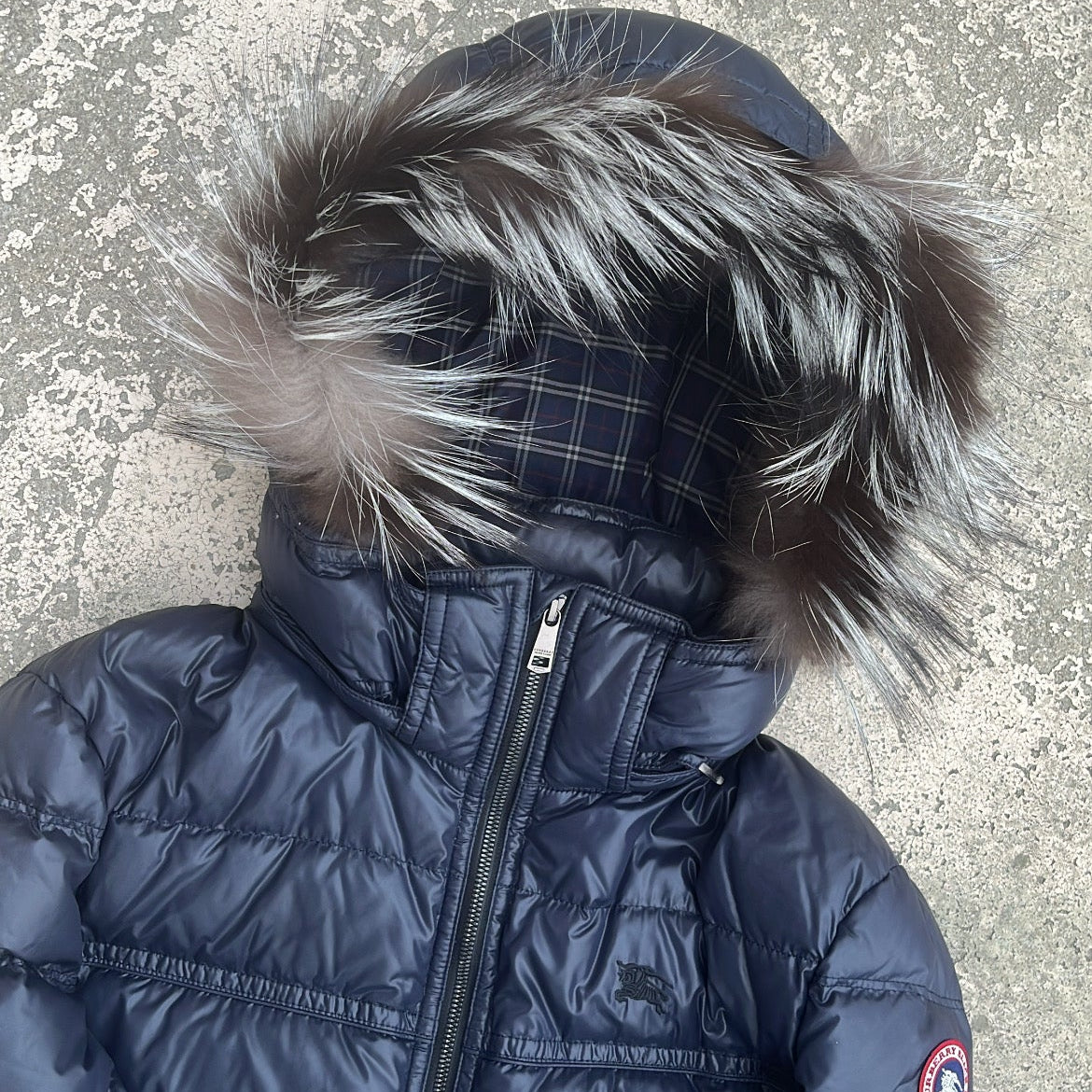 Burberry Black Label Glossy Navy Blue Jacket - M - Real Silver Fox Fur