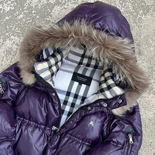 Burberry Black Label Glossy Purple Jacket - L - Real Silver Fox Fur