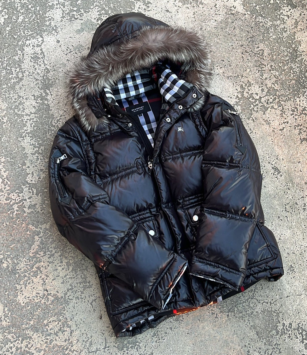 Burberry Black Label Glossy Black Jacket - M - Real Silver Fox Fur