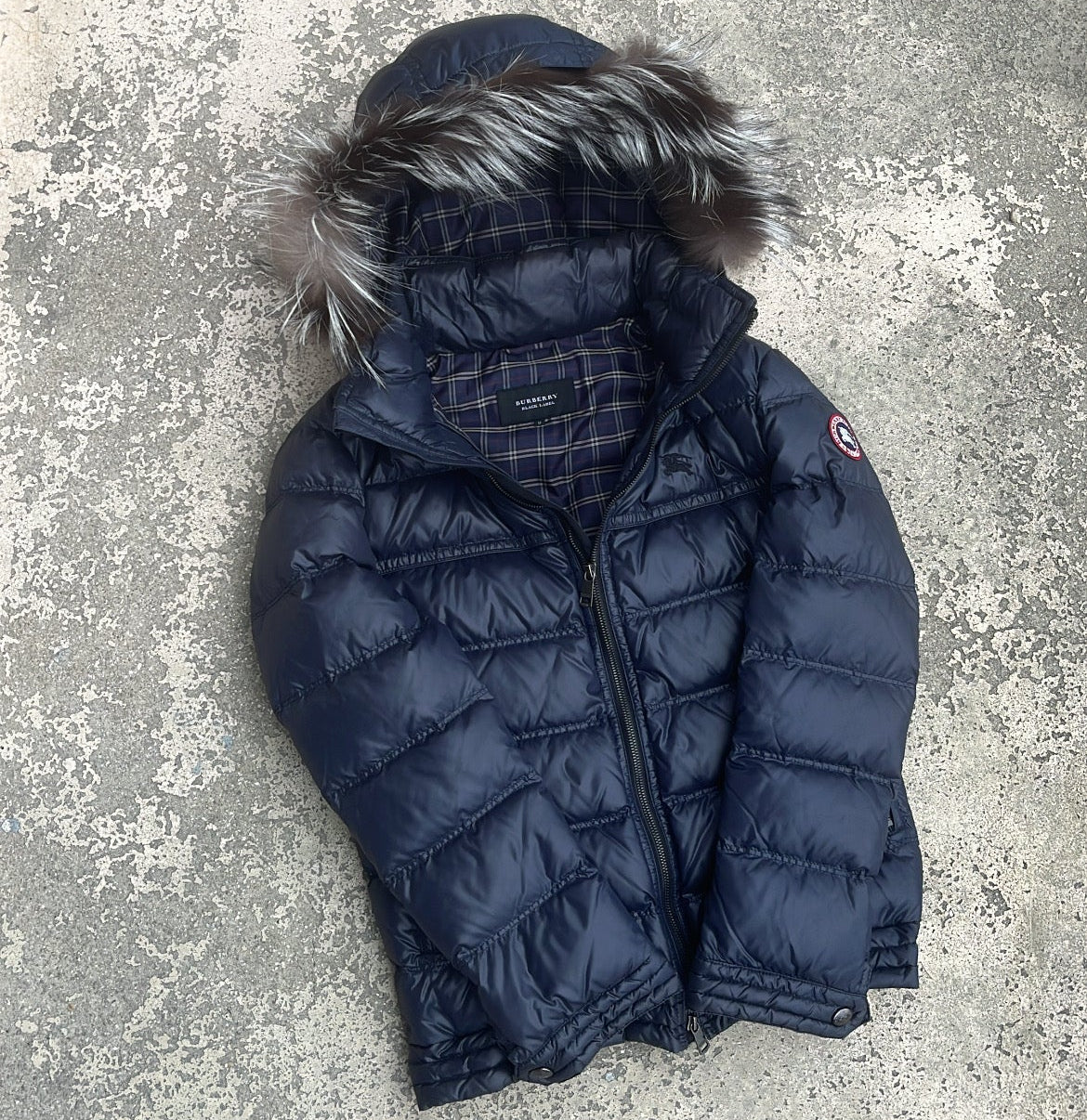 Burberry Black Label Glossy Navy Blue Jacket - M - Real Silver Fox Fur