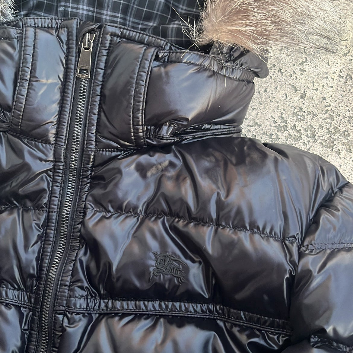 Burberry Black Label Glossy Black Jacket - LL - Real Silver Fox Fur