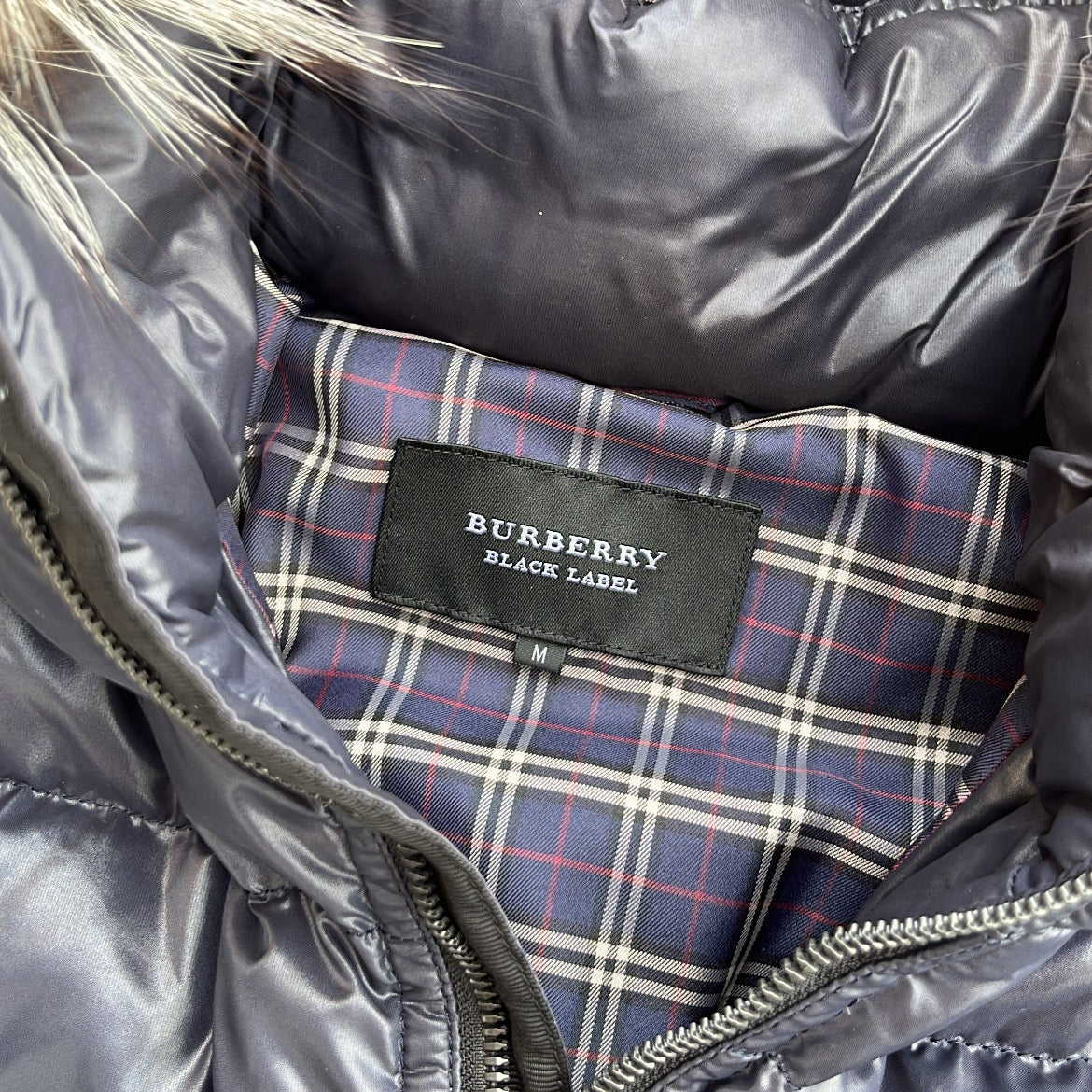 Burberry Black Label Glossy Navy Blue Jacket - M - Silver Fox Fur