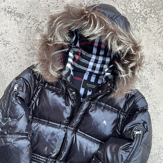Burberry Black Label Glossy Black Jacket - L - Silver Fox Fur
