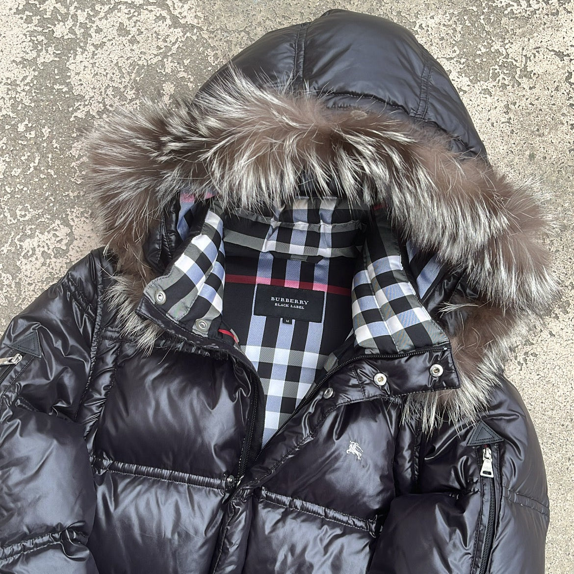 Burberry Black Label Glossy Black Jacket - M - Real Silver Fox Fur