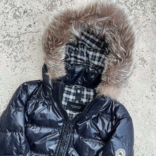 Burberry Black Label Glossy Black Jacket - M - Silver Fox Fur
