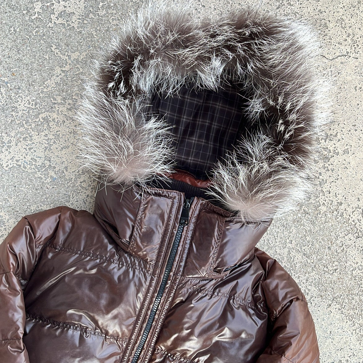 Burberry Black Label Glossy Brown Jacket - L - Silver Fox Fur