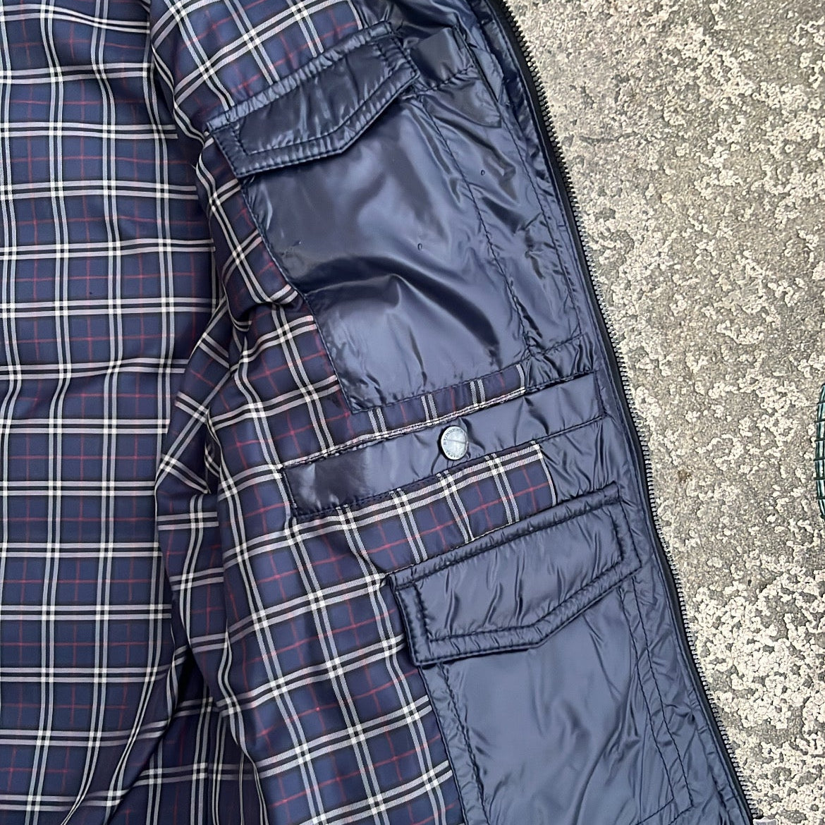 Burberry Black Label Glossy Navy Blue Jacket - M - Real Silver Fox Fur