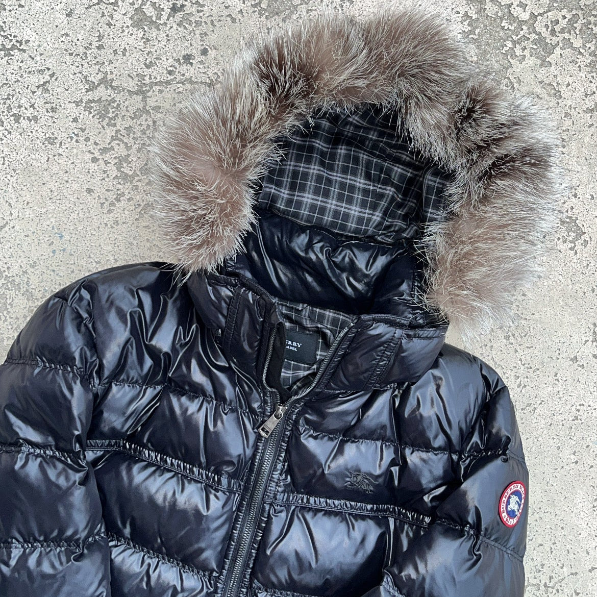 Burberry Black Label Glossy Black Jacket - LL - Silver Fox Fur