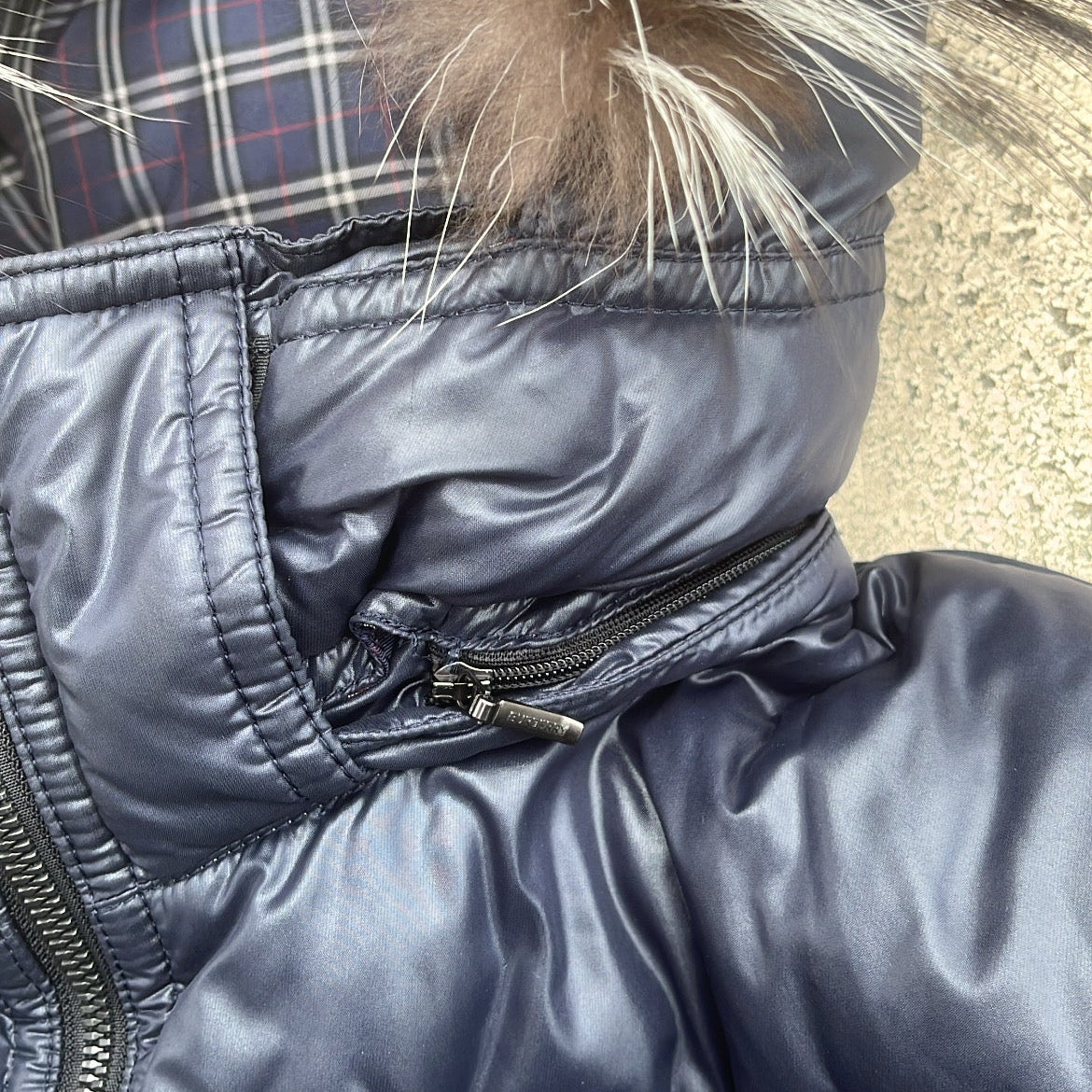 Burberry Black Label Glossy Navy Blue Jacket - M - Real Silver Fox Fur