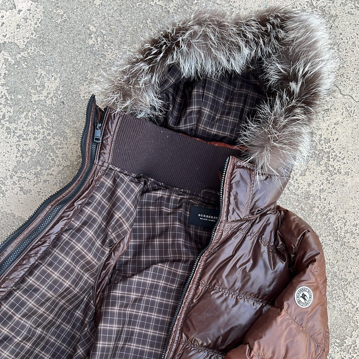 Burberry Black Label Glossy Brown Jacket - L - Silver Fox Fur