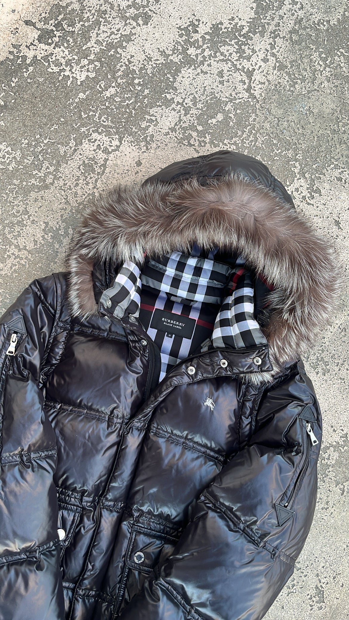 Burberry Black Label Glossy Black Jacket - M - Real Silver Fox Fur