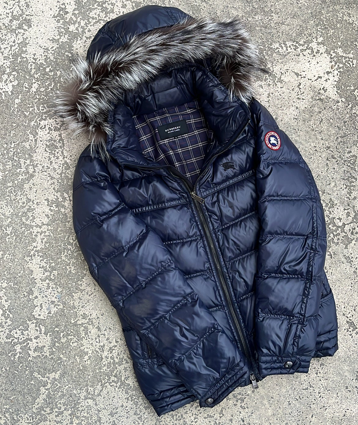 Burberry Black Label Glossy Navy Blue Jacket - M - Real Silver Fox Fur