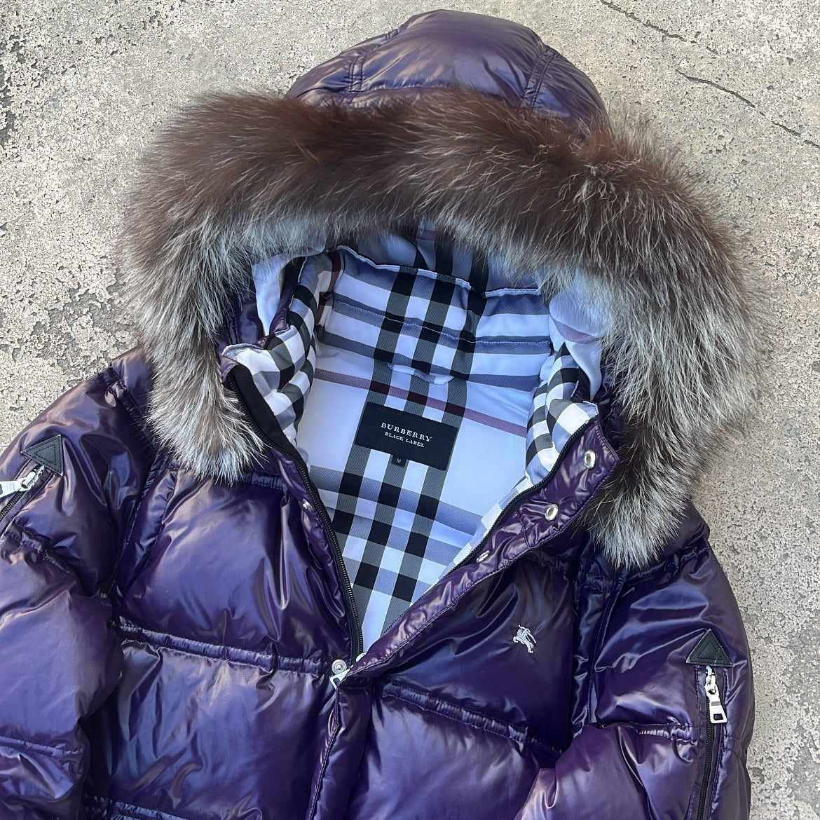 Burberry Black Label Glossy Purple Jacket - M - Real Silver Fox Fur