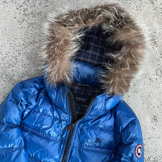 Burberry Black Label Glossy Electric Blue Jacket - M - Silver Fox Fur