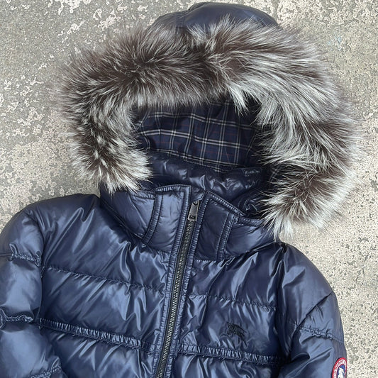 Burberry Black Label Glossy Navy Blue Jacket - L - Real Silver Fox Fur