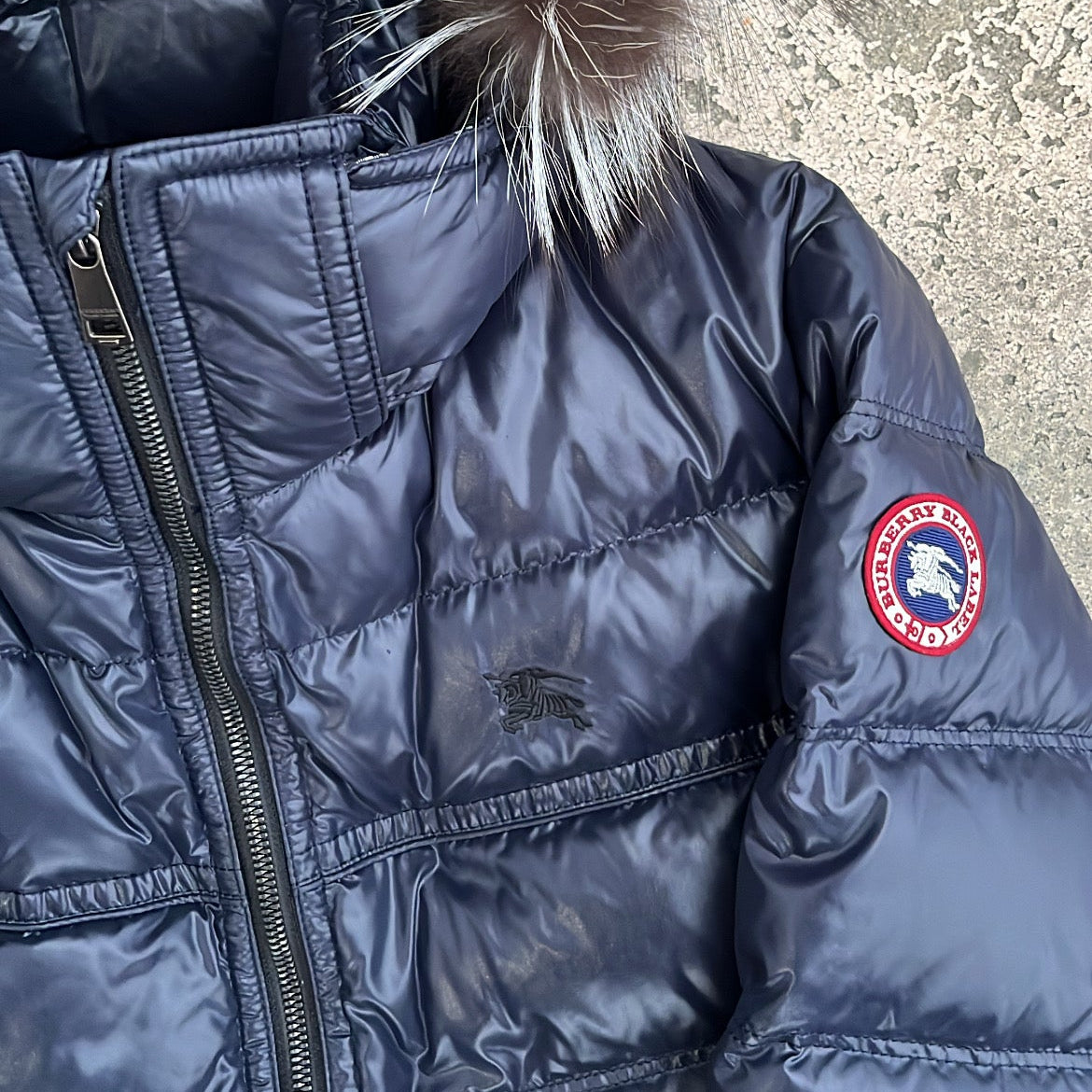 Burberry Black Label Glossy Navy Blue Jacket - M - Real Silver Fox Fur